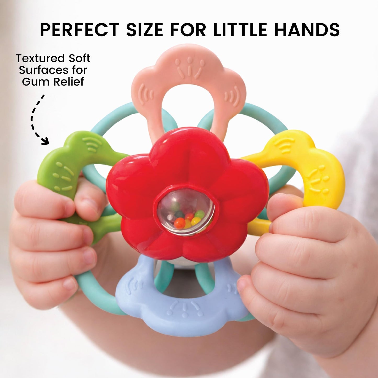 Lulyboo Flower Rattle Teether: BPA-Free Silicone with Textured Petals, Built-in Rattle Beads and 360° Twist. Soft, Flexible Design soothes Gums While Supporting Sensory and Motor Skill Development