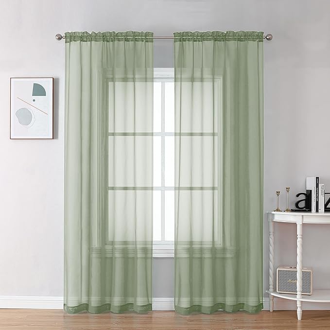 OVZME Sage Green Sheer Curtains 90 Inches Long 2 Panels - Soft Light Filtering Window Sheer Panels for Living Room/Bedroom, Top Dual Rod Pocket, 1 Pair, Each 42Wx90L Inches