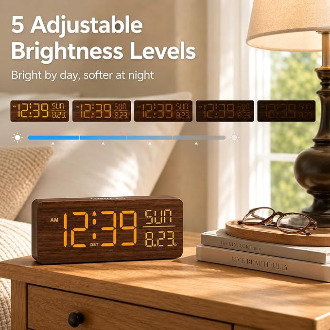 Peakeep Wooden Digital Alarm Clock Large Display, Textured Decoration