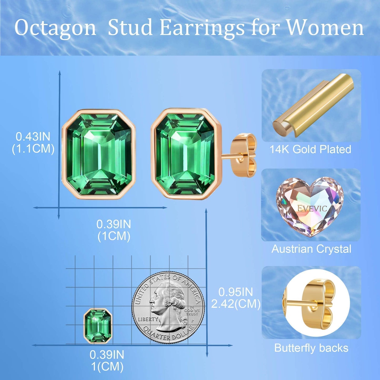 Austrian Crystal Octagon Stud Earrings for Women Fashion 925 Sterling Silver Post Hypoallergenic Jewelry (Emerald)