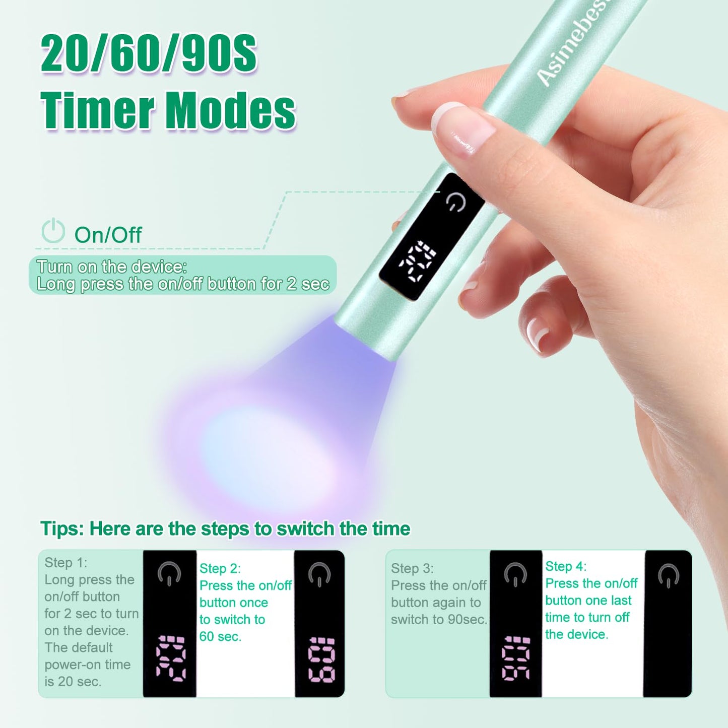 Asimebesty UV Light for Gel Nails, Mini UV Nail Lamp Hand held with Stand, Portable Small Nail Dryer Light for Gel Polish with 3 Timers, Rechargeable Cordless UV Light Nail for Fast Curing, Green
