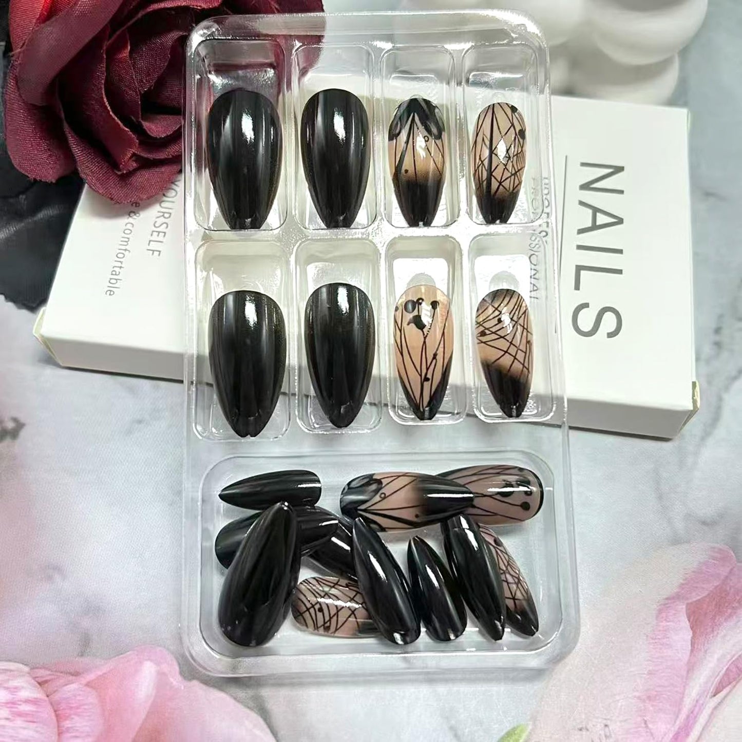 Black Gradient French Tip Press on Nails Medium Almond Fake Nails Irregular Lines Acrylic Glue on Nail Glossy Full Cover False Nail for Women