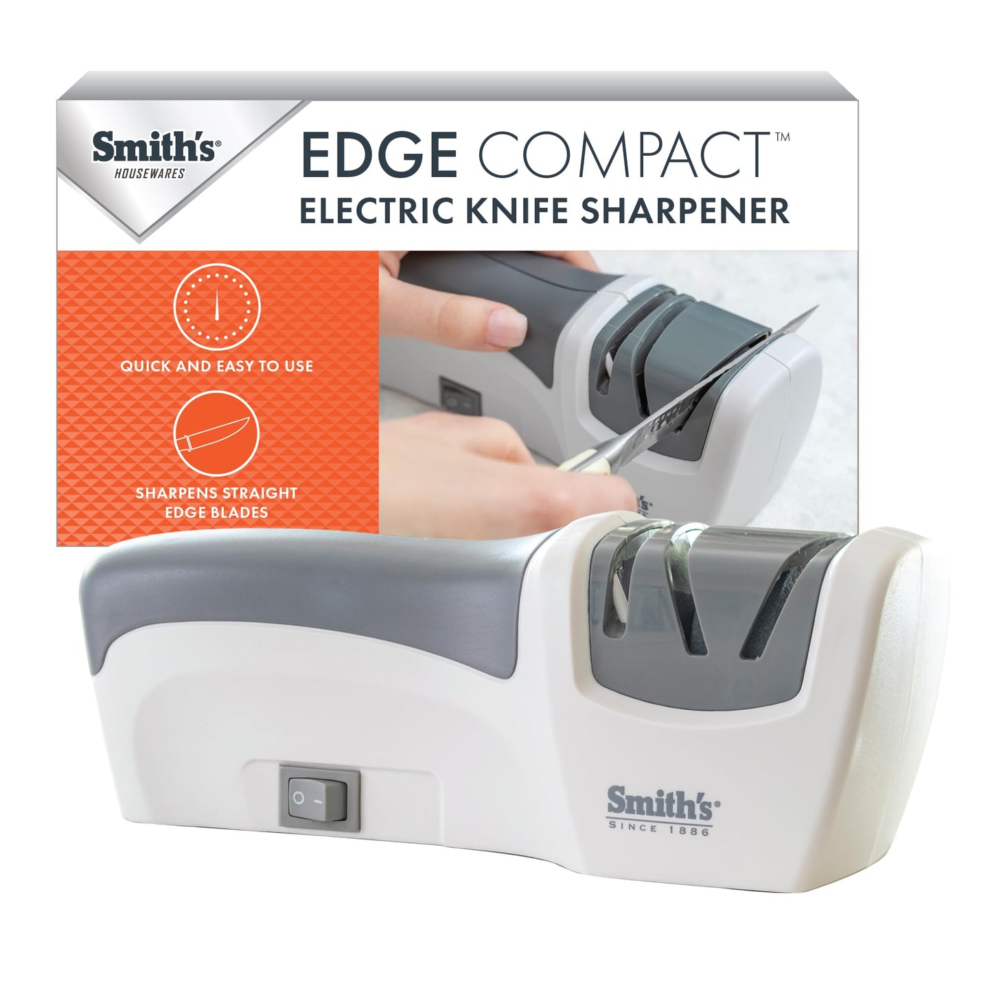 Smith’s 50097 Compact Electric Knife Sharpener | White & Grey | Kitchen Knife 2 Stage Sharpener | Electric & Manual | Blade Guide | Quick Sharpening & Polishing | Straight Edge Blades | Handheld