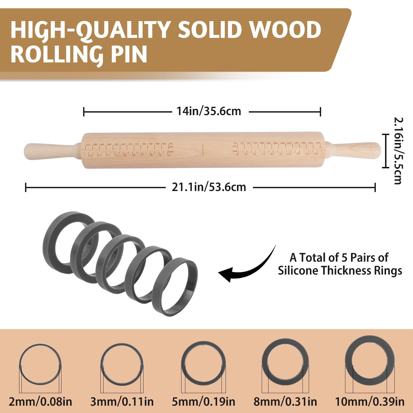 Long Adjustable Wood Rolling Pin: 21.1 Inch Rolling Pin with Thickness Rings and Measurement - Wooden Dough Roller for Baking Pastry Pizza Pie Crust Tortillas Cookie Bread - Bakers Baking Lovers