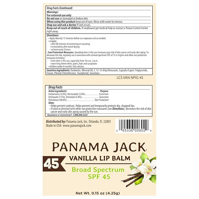 Panama Jack Sunscreen Lip Balm - SPF 45, Broad Spectrum UVA-UVB Sunscreen Protection, Prevents & Soothes Dry, Chapped Lips, Vanilla, Pack of 2