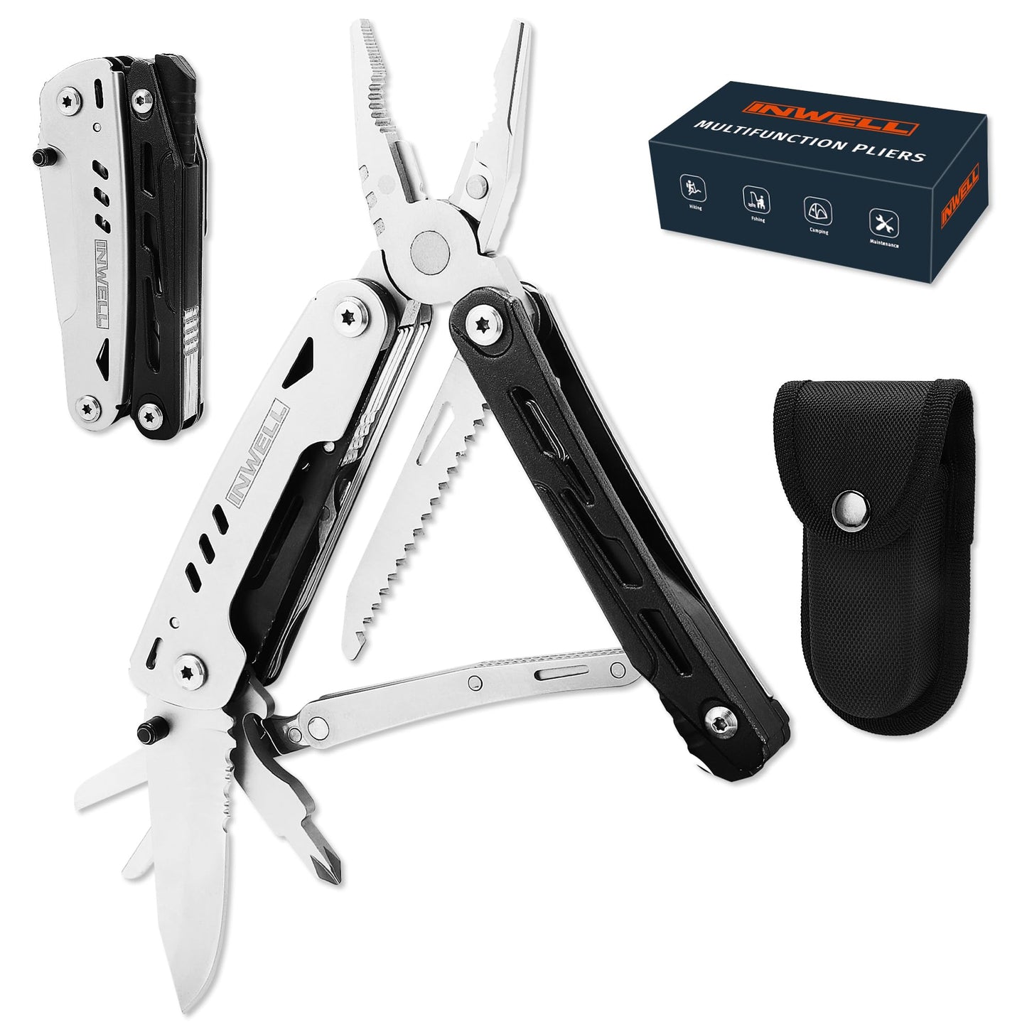 INWELL 12-in-1 Multitool Pliers with Safety Lock, Fire Starter & Whistle, Stainless Steel Pocket Knife, Camping Multitool with Detachable Scissors for Outdoor Survival, EDC Gear