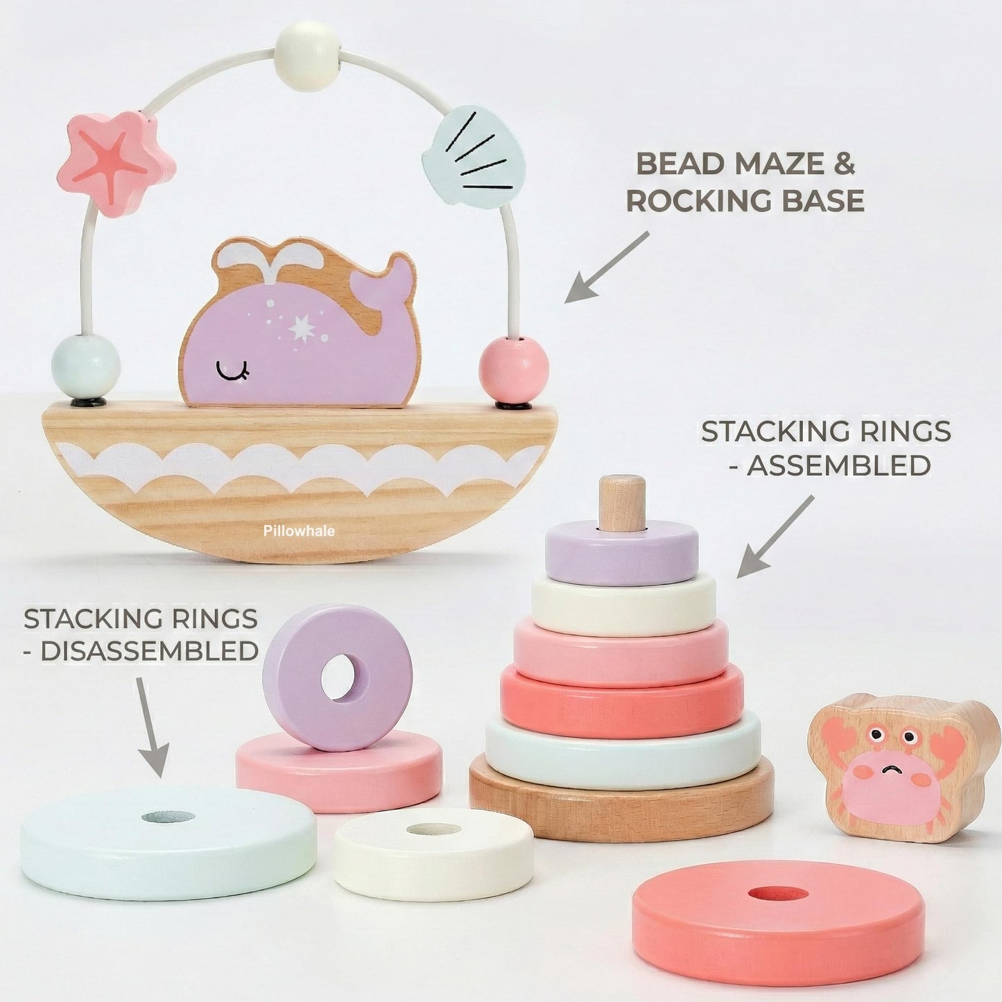 Pillowhale Montessori Wooden Toys Set for Toddlers 12M+ – 4-in-1 Educational Toy with Stacking Rings, Shape Sorter, Bead Maze & Push Car