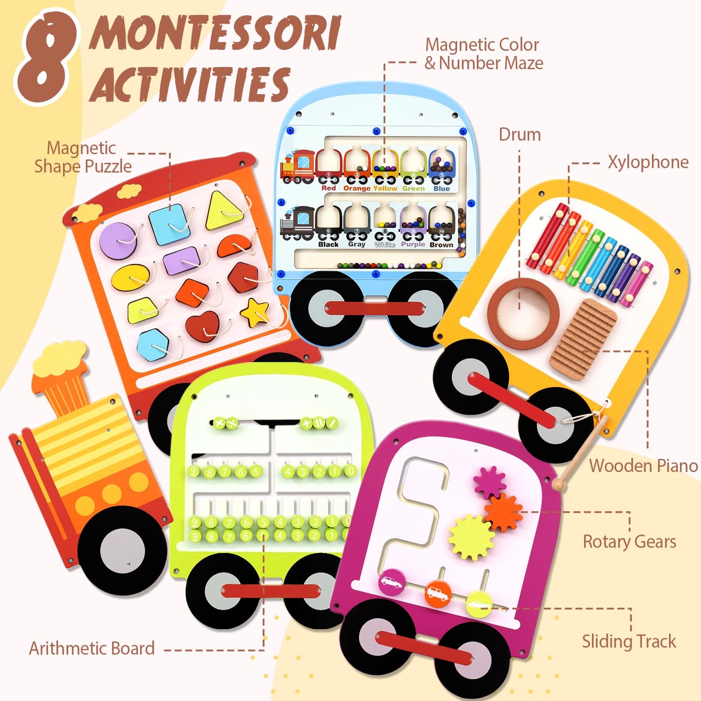 Joyreal Train Activity Wall Busy Board Panels - 8-in-1 Toddler Learning Activity Center - Wooden Montessori Sensory Toys for Playroom, Daycare, Classroom - Educational Toy for All-Round Development