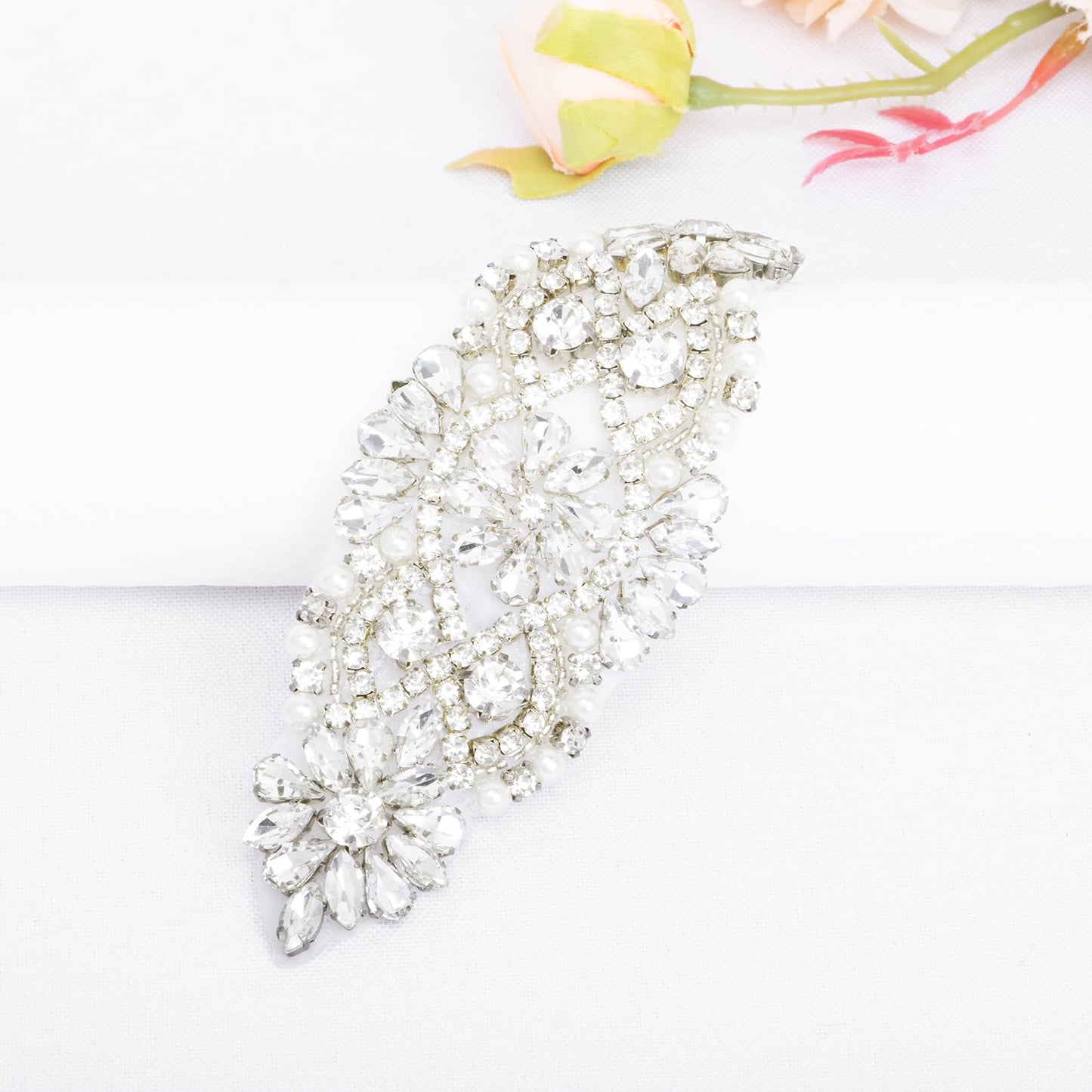 ShiDianYi Rhinestone and Pearl Beaded Applique for Bridal sash, Wedding Headband Wedding Belst Bridal Sash Silver Rhinestone Applique