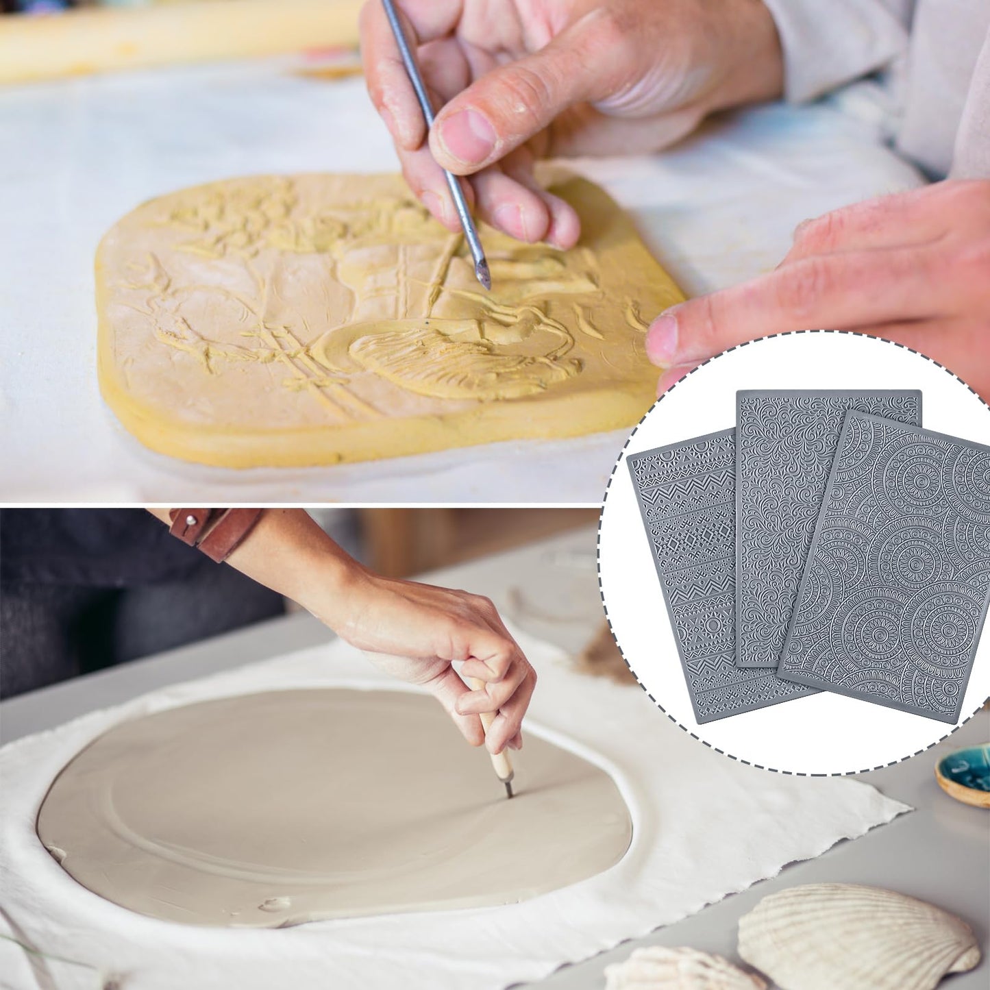 DoubleFill 12 Pcs Polymer Clay Texture Sheets Mat Works with Polymer Clay Cutter Embossin Roller DIY Tools for Pottery Earrings Jewelry Making DIY Craft Supply