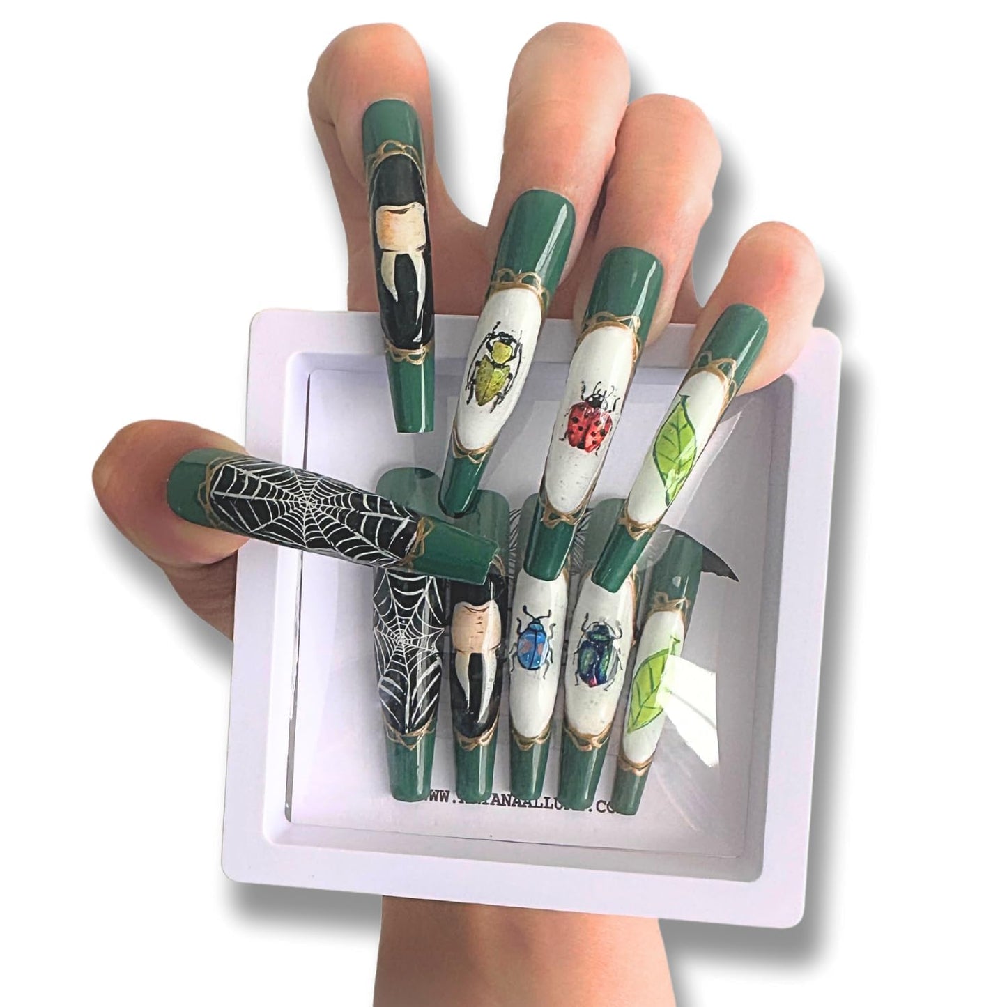 ARYANA NEW YORK Press On Nails Coffin - Handmade, Reusable, Luxury Long Coffin Nails 10 Pcs Handmade Nail Set, Oddities Beetles Collection - (Small)