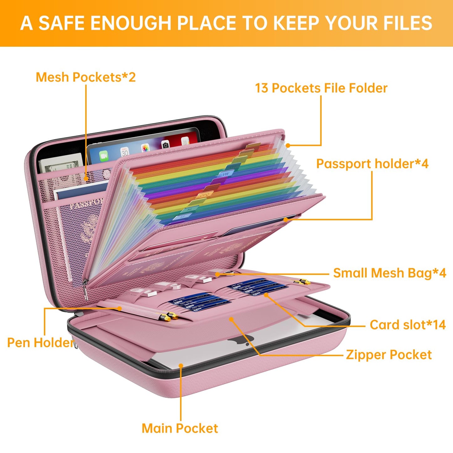 DocSafe Fireproof File Organizer with Lock, Hard-Shell Case Fireproof Document Box with 13 Pocket Accordion File Folder, Portable Home Office Travel Safe Storage for Important Documents Laptop Pink