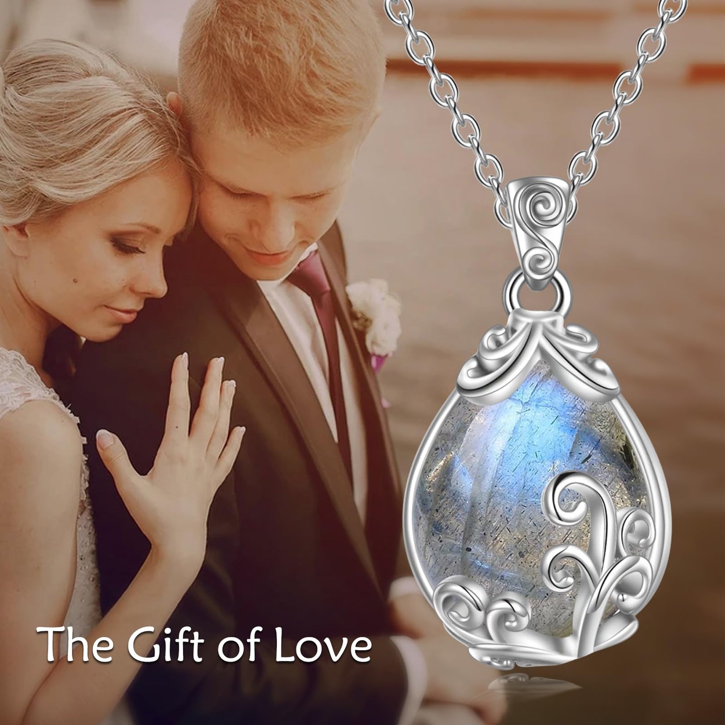 POPLYKE Sterling Silver Labradorite Filigree Teardrop Pendant Necklace Gemstone Crystal Jewelry for Women