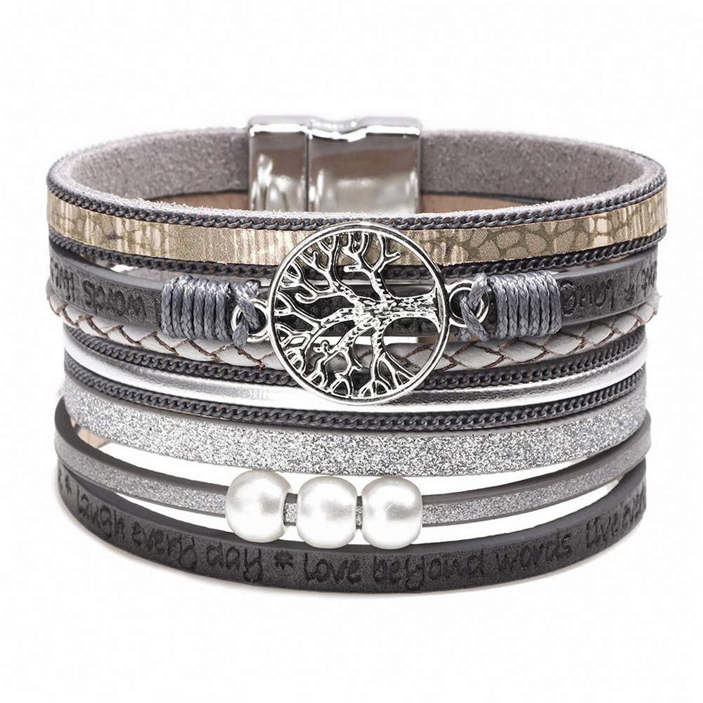 Fesciory Leopard Bracelet for Women, Boho Leather Wrap Multi-Layer Pearl Crystal Bracelet Bangle Jewelry(Tree of Life(Grey))