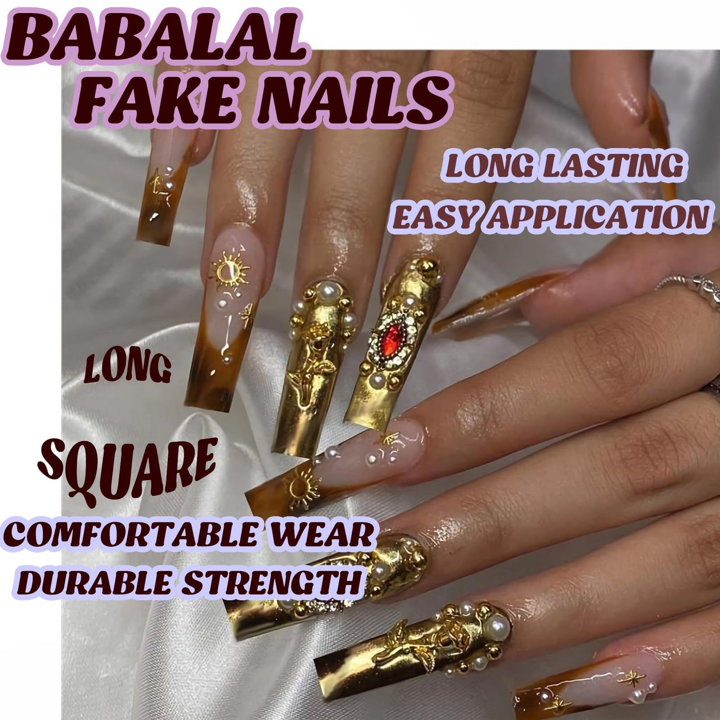 BABALAL Baroque Press On Nails, Extra Long Square Fake Nails with Gold & Red Gem, Tortoiseshell Ombre Acrylic Stick On Nails for Women 24Pcs