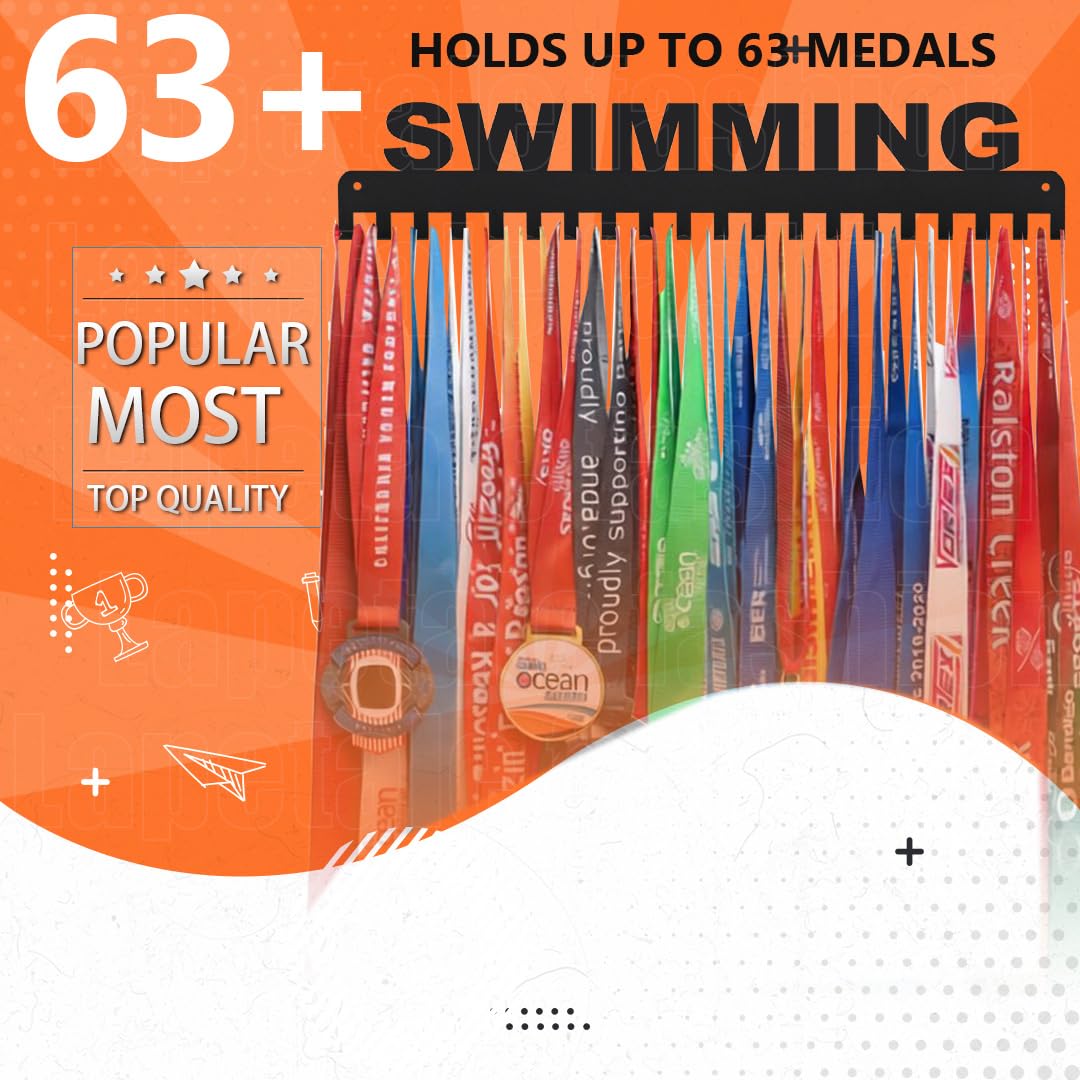 Lapetale Fashion Swimming Medal Hanger Display Medal Holder Hanger Display Rack Frame with 20PCS Hanging Hooks Upgraded Extension Hooks Easy Install Easy to Use Swimming Medal Display Rack