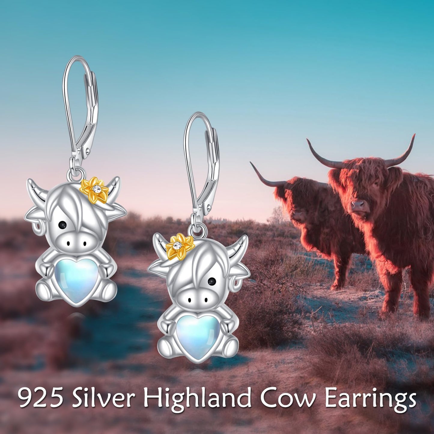 Highland Cow Earrings Sterling Silver Animal Leverback Dangle Earrings Drop Jewelry Birthday Gifts for Women