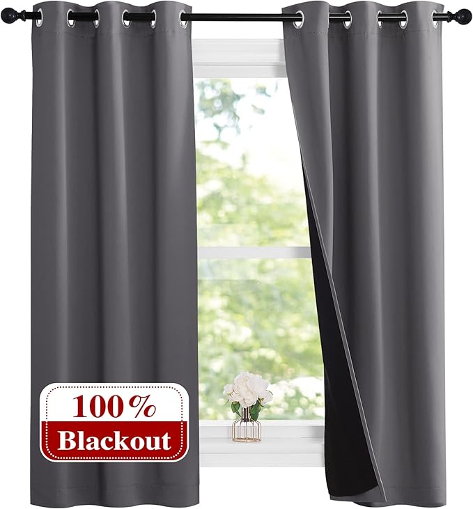 NICETOWN 100% Blackout Short Curtains with Black Liners, Solid Thermal Insulated Full Blackout 2-Layer Lined Drapes, Energy Efficiency Window Draperies for Bedroom (2 Panels, 37" W by 63" L, Grey)
