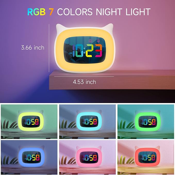 Cute Cat Ear Alarm Clock with RGB 7 Color Night Light,White