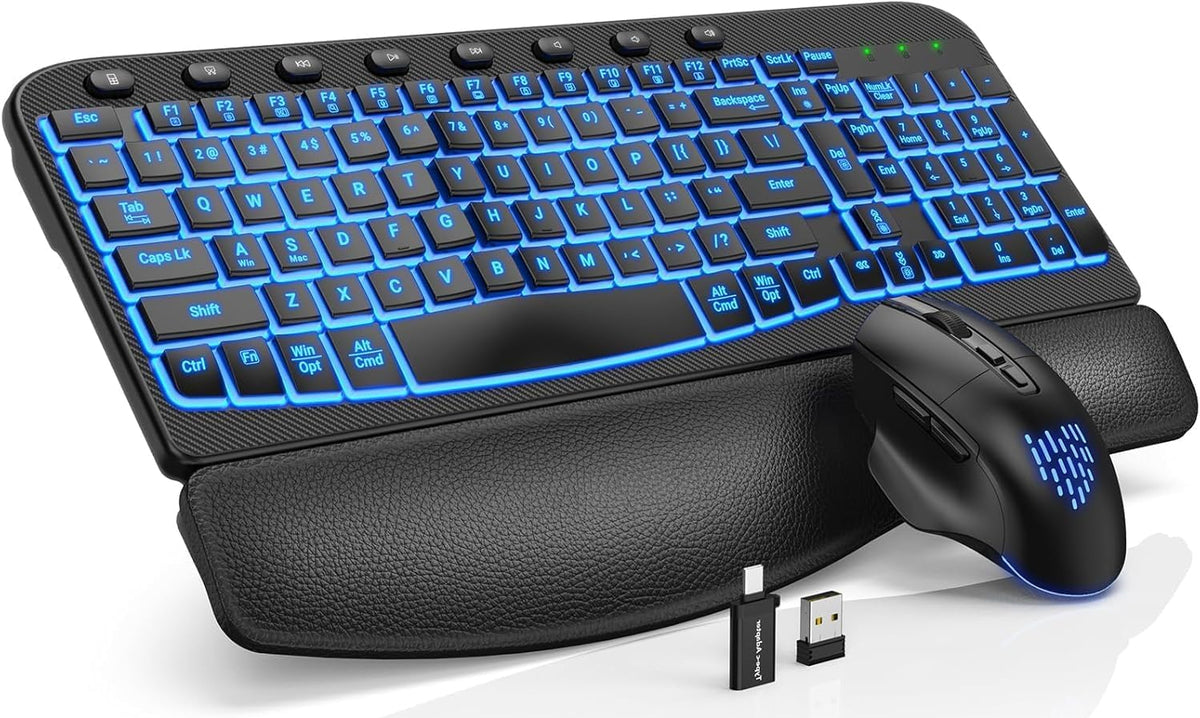 SABLUTE Ergonomic Wireless Keyboard and Mouse Combo - Wave Keyboard with Soft Leather Wrist Rest, Resistant Keys, RGB Backlit Rechargeable Set for PC/Mac/Chromebook (Black)