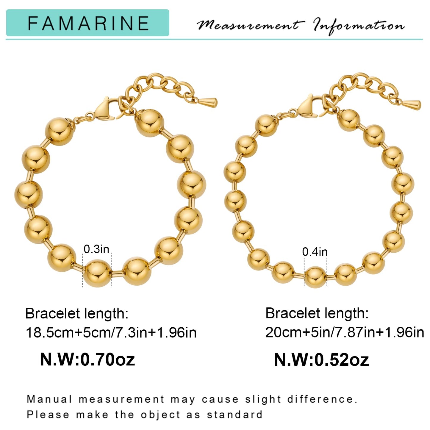 FAMARINE 2 Pairs Beaded Bangle Bracelet, Stainless Steel Bead Stackable 14K Gold Plated Bracelet for Women Men