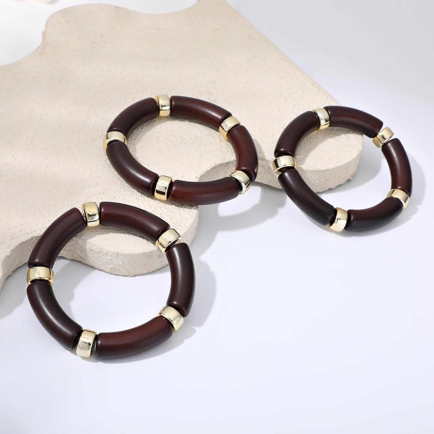 GOOJIDS Simple Beaded Gold Plated Bangles Bracelet Chunky Bamboo Tube Curved Stacking Clear Acrylic Colorful Beads Stretchable Gold Plated Bracelets Set For Women (T-Dark Brown 3 set)