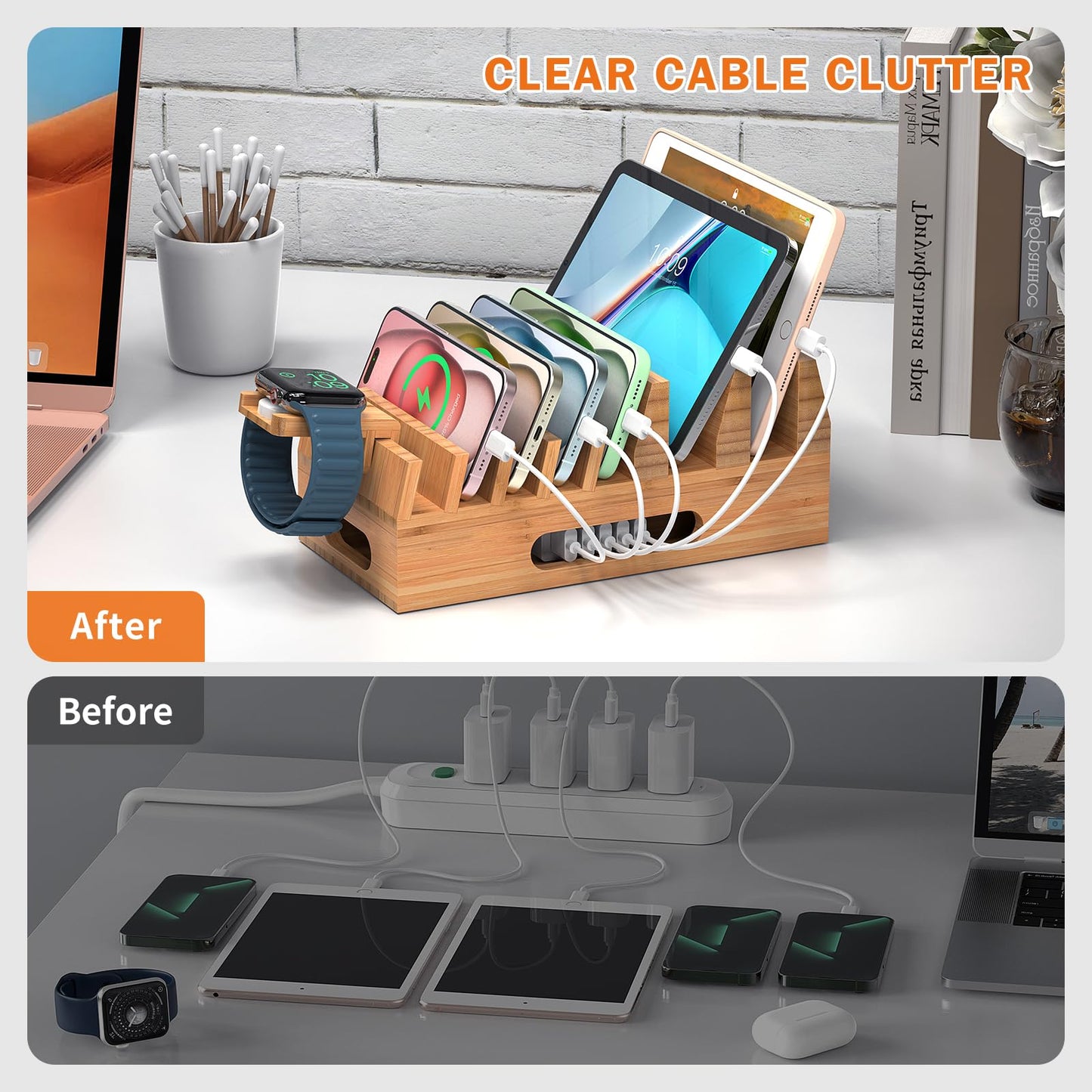 Pezin & Hulin Bamboo Charging Station Organizer for Multiple Devices & Wood Desktop Docking Charging Stand Such As Cell Phone, Tablets, Phone Case and Watch Stand(No USB Charger)
