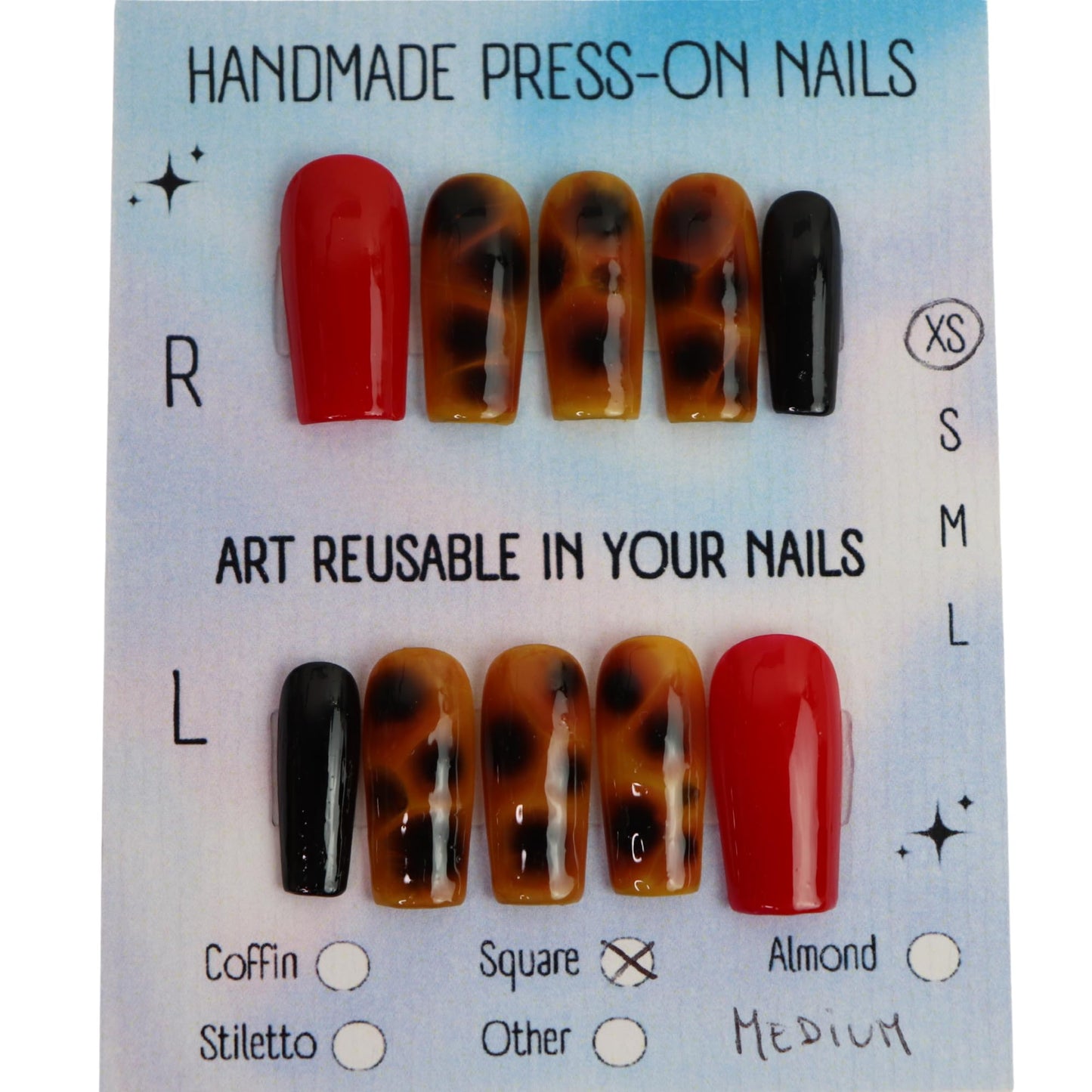Tortoise Luxe Press-On Nails Medium Square | Handmade Tortoiseshell Red and Black Nails | Reusable False Nails | Elegant Custom Nail Set (Tortoise Luxe Red, M Medium Square)