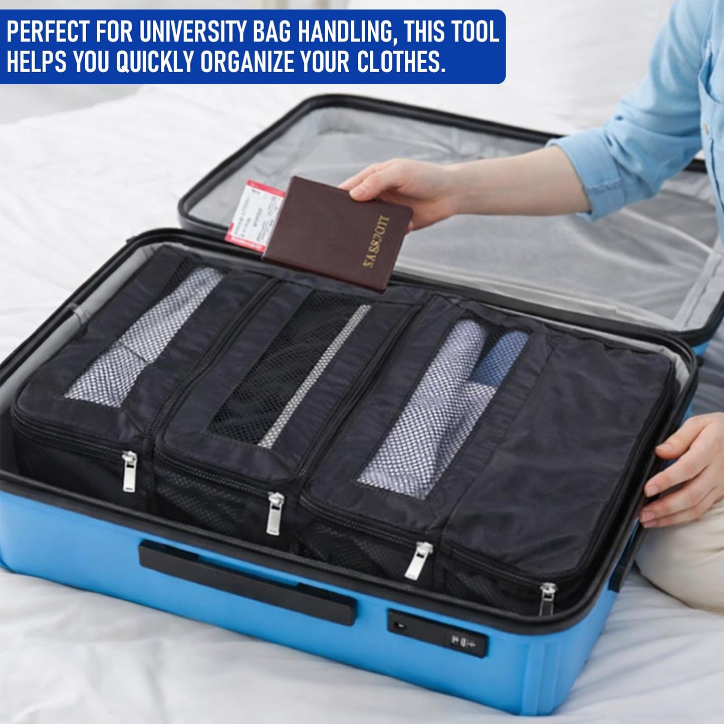Klyyo Clyro Back to School Hanging Suitcase Organizer Black 4 Layer Dorm Room Clothes Storage Bag with Adjustable Hook Pack Hang Travel Organizer for College Dorms Summer Camp Closet