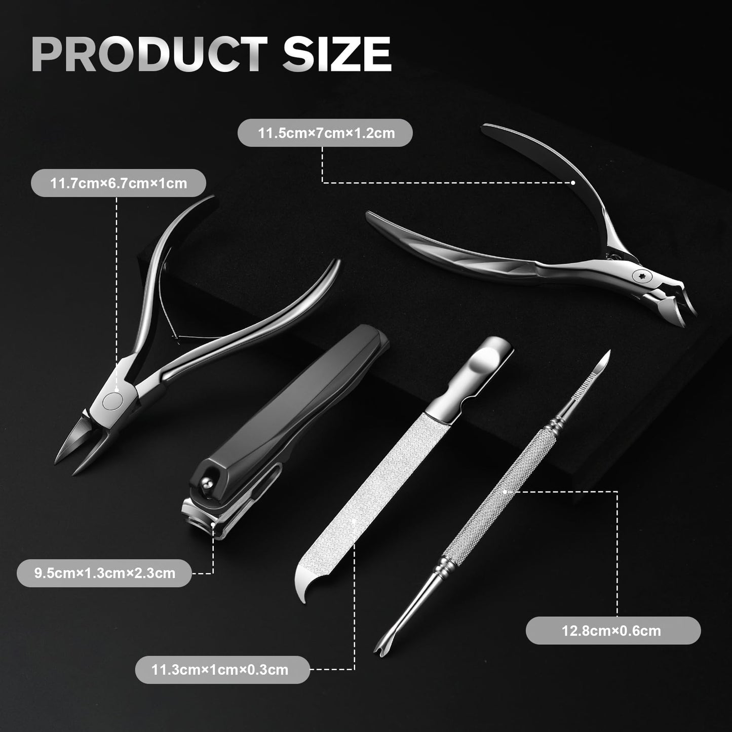 FERYES 5PCS Toenail Clippers Long Handle Clipper for Thick Nails, Straight Blade Clipper for Ingrown Nails, 360° Rotating Jaw Nail Clipper, Cuticle Fork, and Nail File