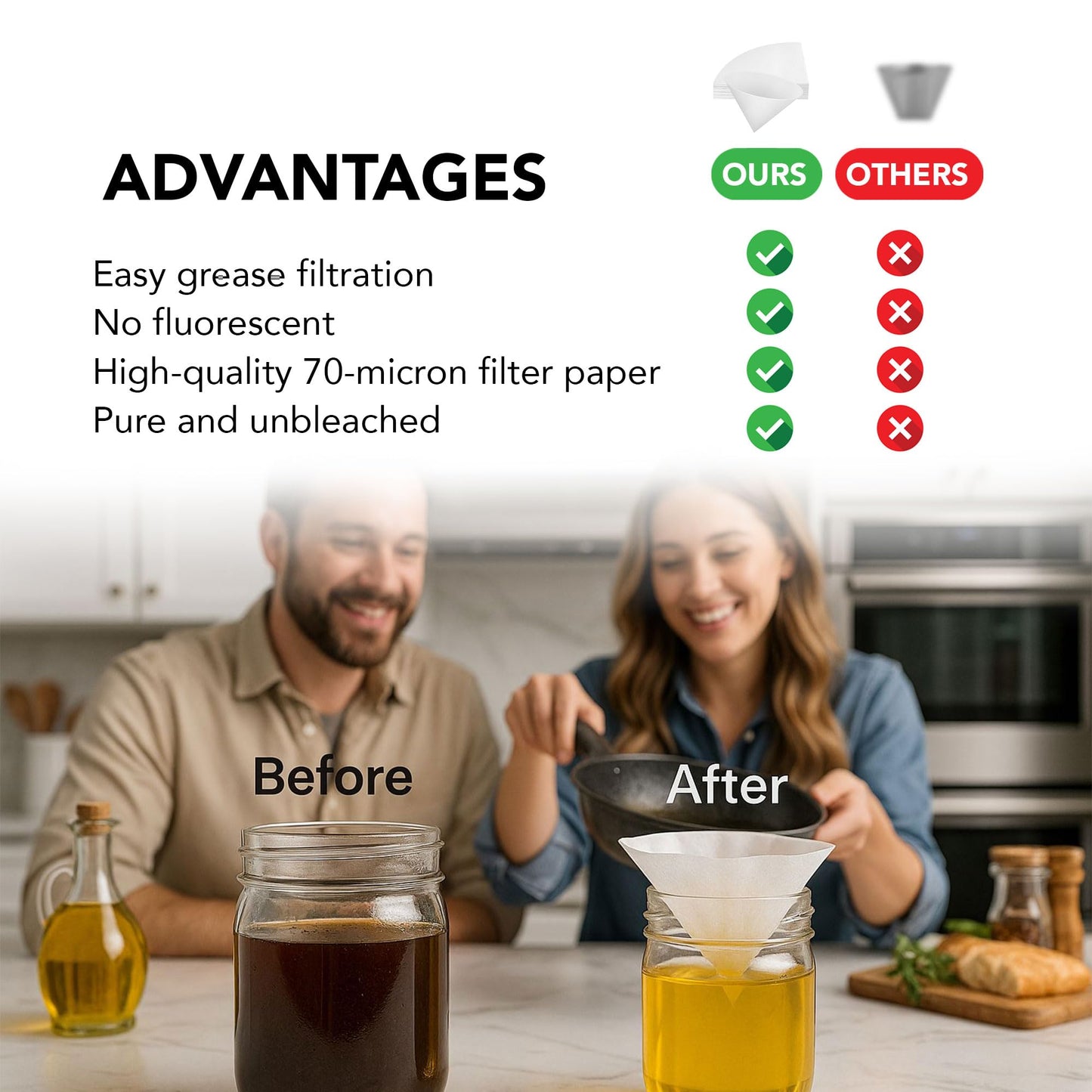 100 Filter Papers Premium Grease Container 10 Inch Spoon Oil Filter Kitchen Cooking Reusable Strainer Separator Holder Deep Fryer Paper Food Cones Maple Syrup Pot Frying Cone Tray Lid (2)