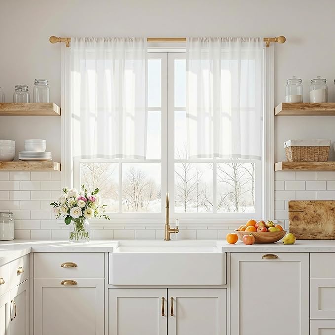 MYSKY HOME White Curtains 24 Inch Long for Kitchen, Semi Sheer Light Filtering Window Panels Rod Pocket Valance Neutral Drapes for Small Window/Cafe/Bathroom Basement, Pure White 2 Panels, 34 in Wide