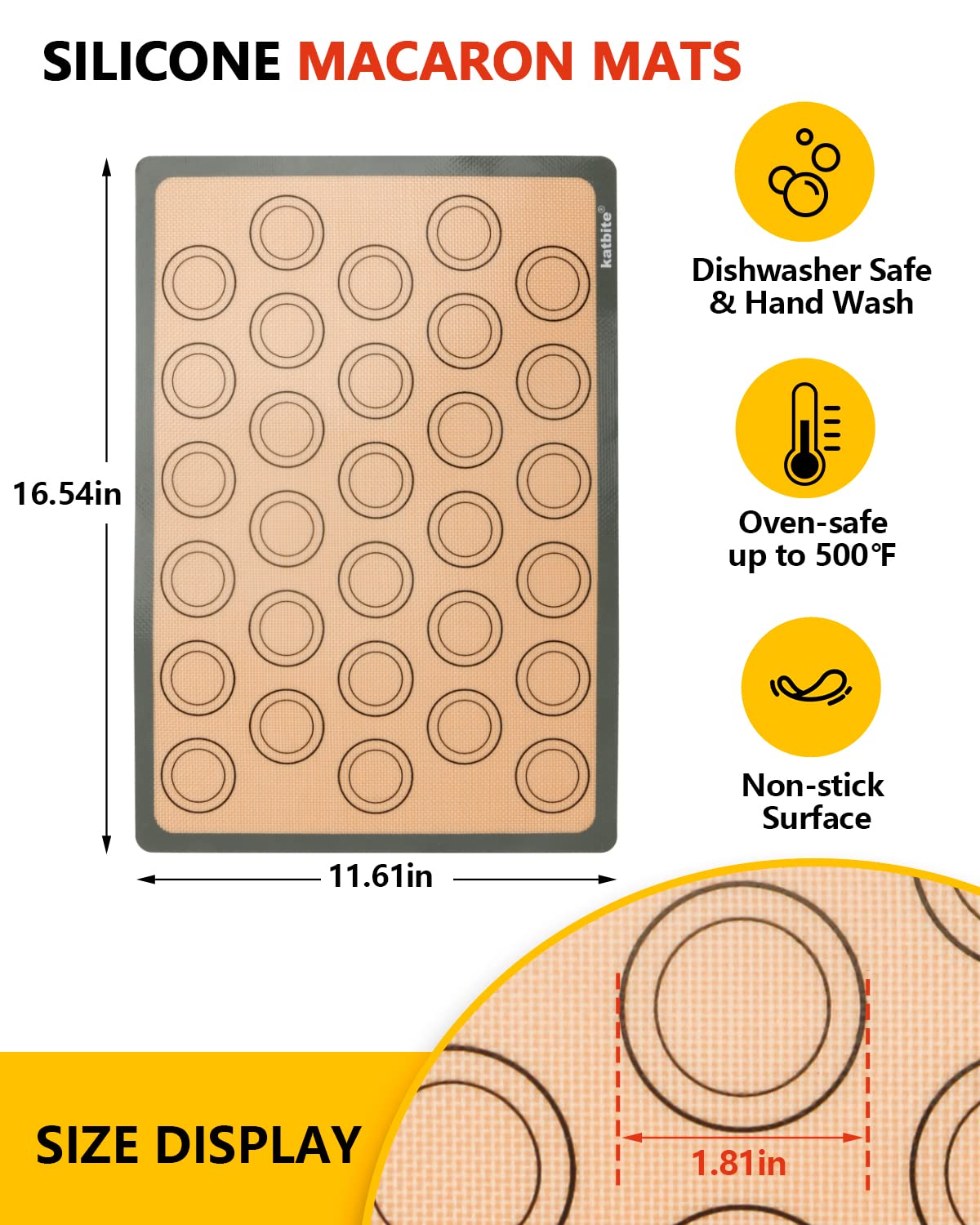 Macaron Silicone Baking Mats, Katbite Silicone Macaroons Baking Mat Set of 2 Half Sheet (11 5/8" x 16 1/2") Reusable & Nonstick Macarons Baking Supplies Silicone Bakeware Mats for Macarons Cookies