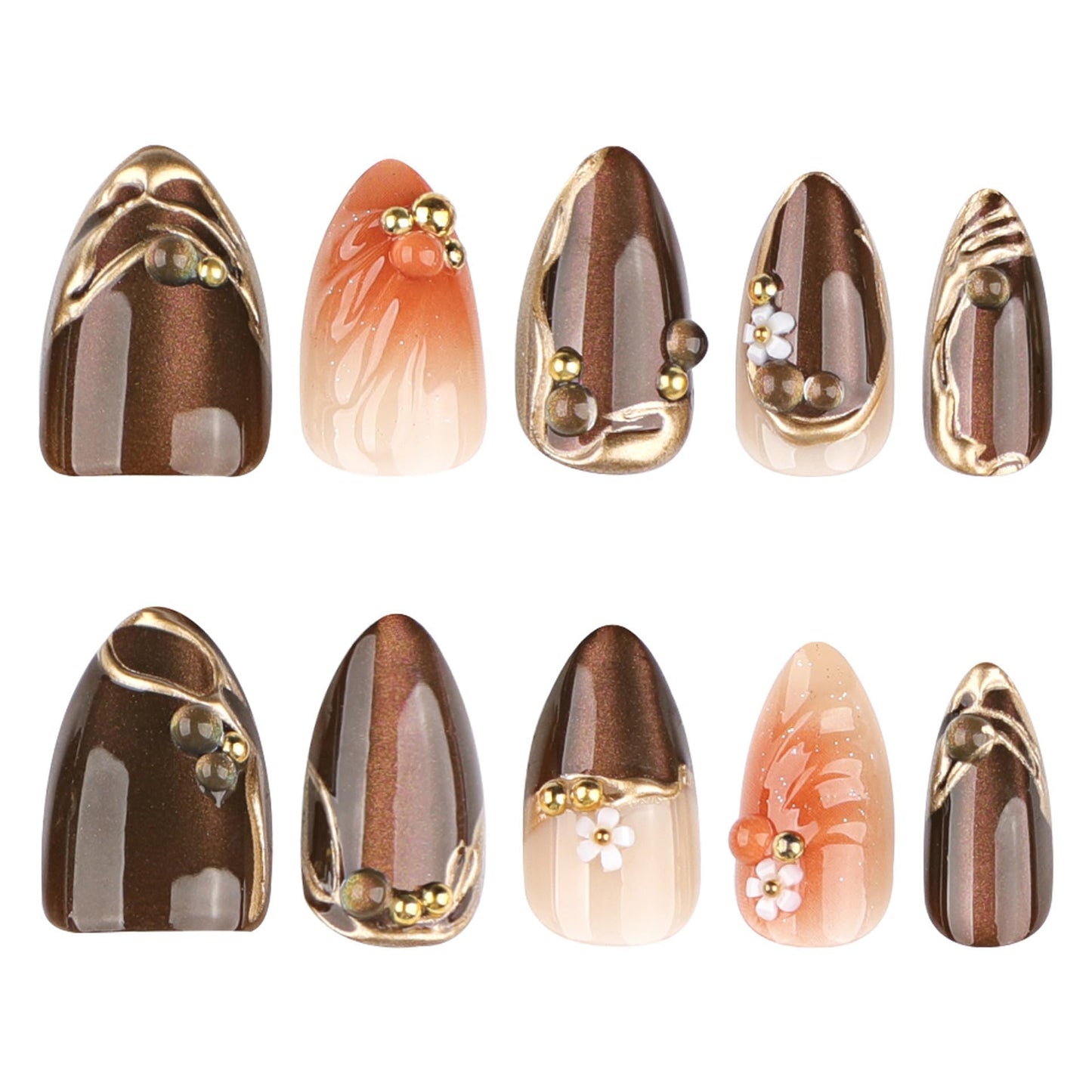 plalely Almond Press on Nails Short Brown Fake Nail Gold Embossed Acrylic Nail Press ons Daisy Charm Stick on Nail for Women 24pcs