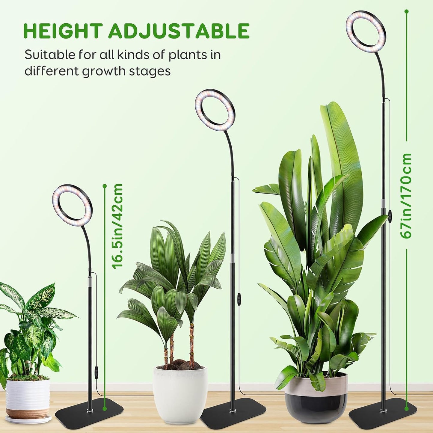 LPMZMBL One Head Grow Lights for Indoor Plant Full Spectrum, Plant Lights for Indoor Growing with 3/9/12 Timer, 5 Dimmable Levels, Height Adjustable 16.5''-68", Strong Base for Large Plants