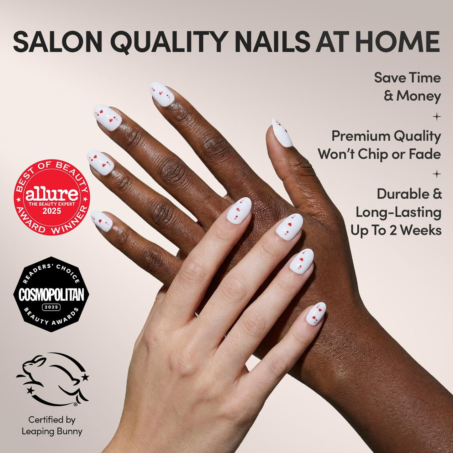 Glamnetic Press On Nails - Ace of Hearts | Short Oval Fake Nails in White Solid Base with Raised Ace of Hearts Graphics in a Glossy Finish | 15 Sizes - 30 Nail Kit with Glue