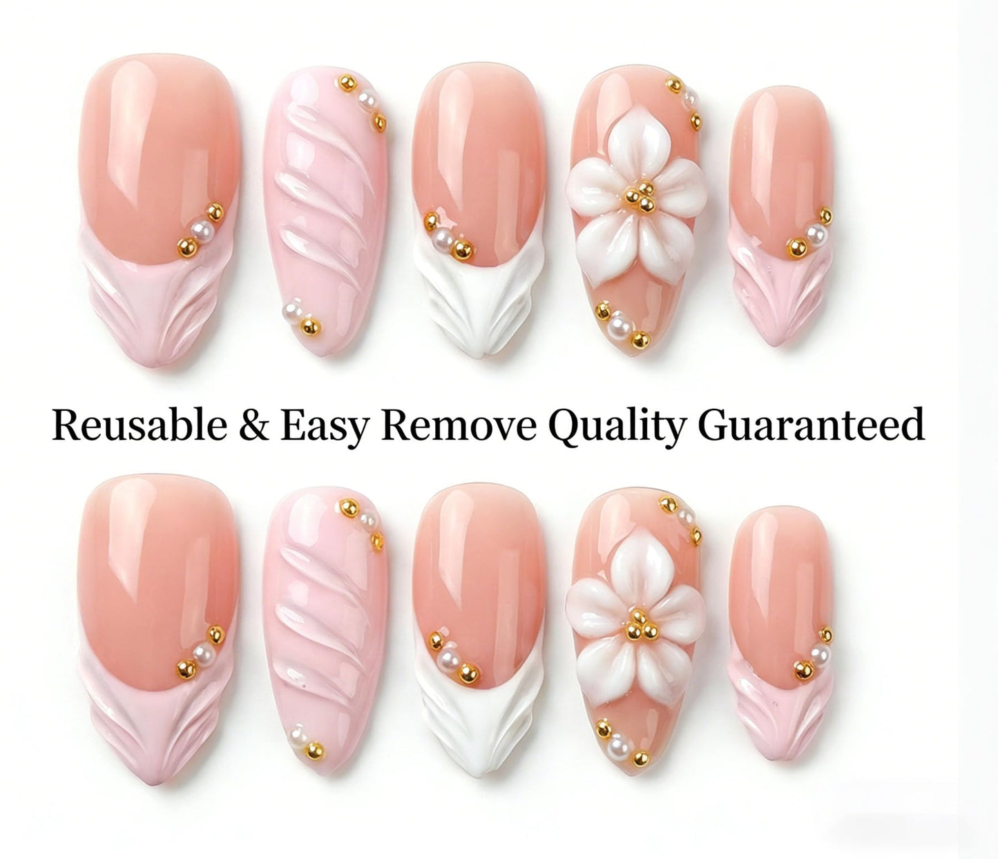 Handmade Press on Nails Almond Shape 3D Cute Glue on Nails for Women, Luxury Homemade Press on Nail Art Design, Fake Nails with 3D Nail Charms Size M 3