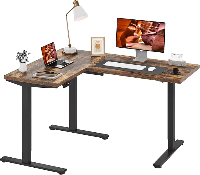L-Shaped Standing Desk, 63 x 47 Inches Height Adjustable Desk, Sit and Stand up for Work Office Home, Ergonomic Rising Computer Table for Home Office with Splice Board, Rustic Brown