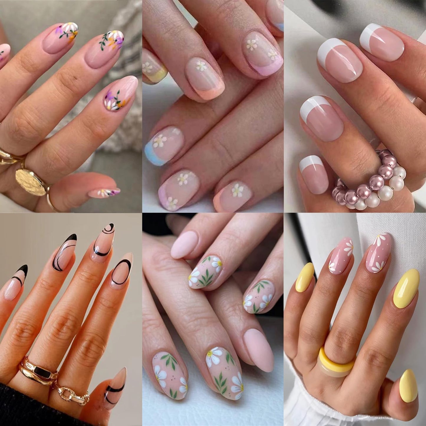 Jsiallye 6 Packs Press on Nails Short,Flower French Press on Nails Almond And Oval,Glue on Nails in 12 Sizes - 24 Fake Nails Kit, Stick on Nails for Women