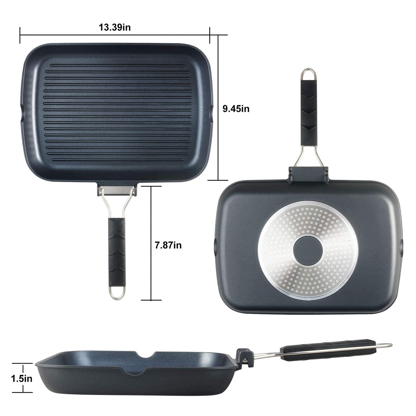S·KITCHN Grill Pan with Folding Handle, Nonstick Grilling Pan for Stove Tops, Induction Compatible Rectangle KBBQ Pan with Pour Spouts - 13 × 9IN