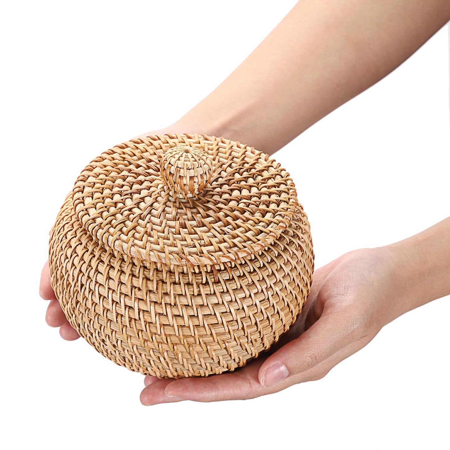 Hipiwe Round Rattan Basket Boxes With Lid Hand-Woven Wicker Storage Baskets Bin Decorative Basket Box Multi-Purpose Picnic Food Bread Basket Small Keys Basket Bowl for Entryway (X-Small,4.7"x3.3")