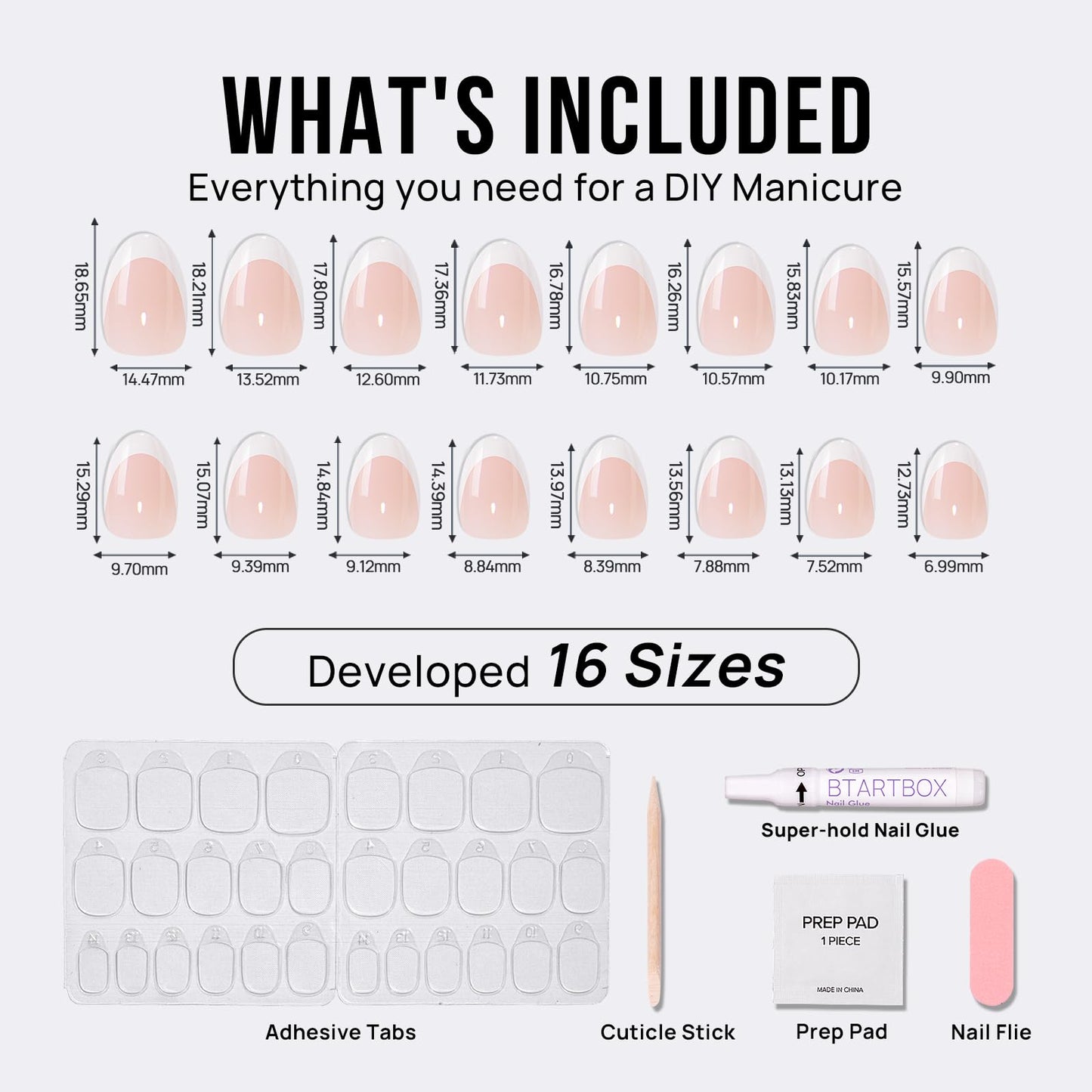 BTArtbox Press On Nails Short - Extra Short Almond French Tip Press On Nails Nude, Fake Nail with Nail Glue, Natural Reusable 32pcs Fake Nails Kit