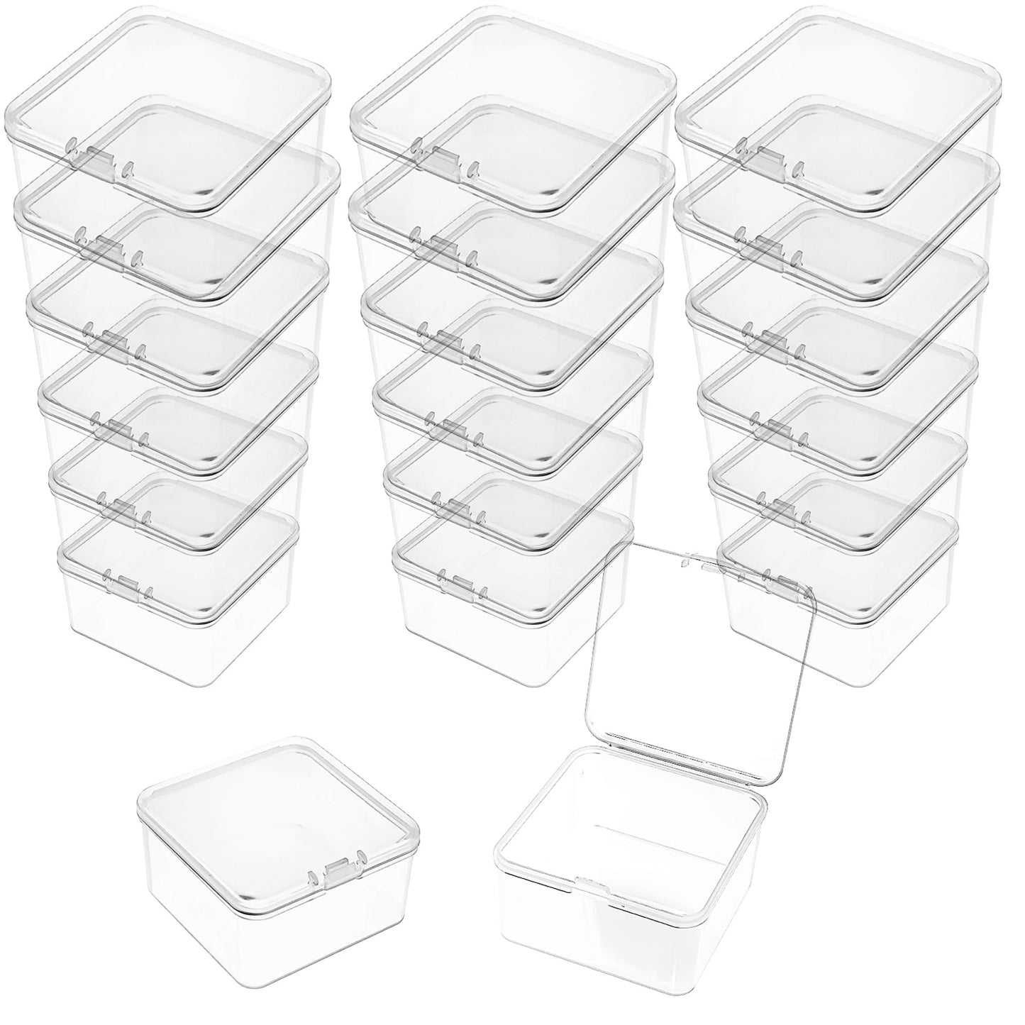 LJY 20-Pack 2.6x2.6x1.4in Clear Plastic Storage Boxes,Square Small Parts Organizer Containers with Lids for Jewelry,Beads,Crafts,Electronics,Stackable PP Plastic Boxes for Home Office Organization