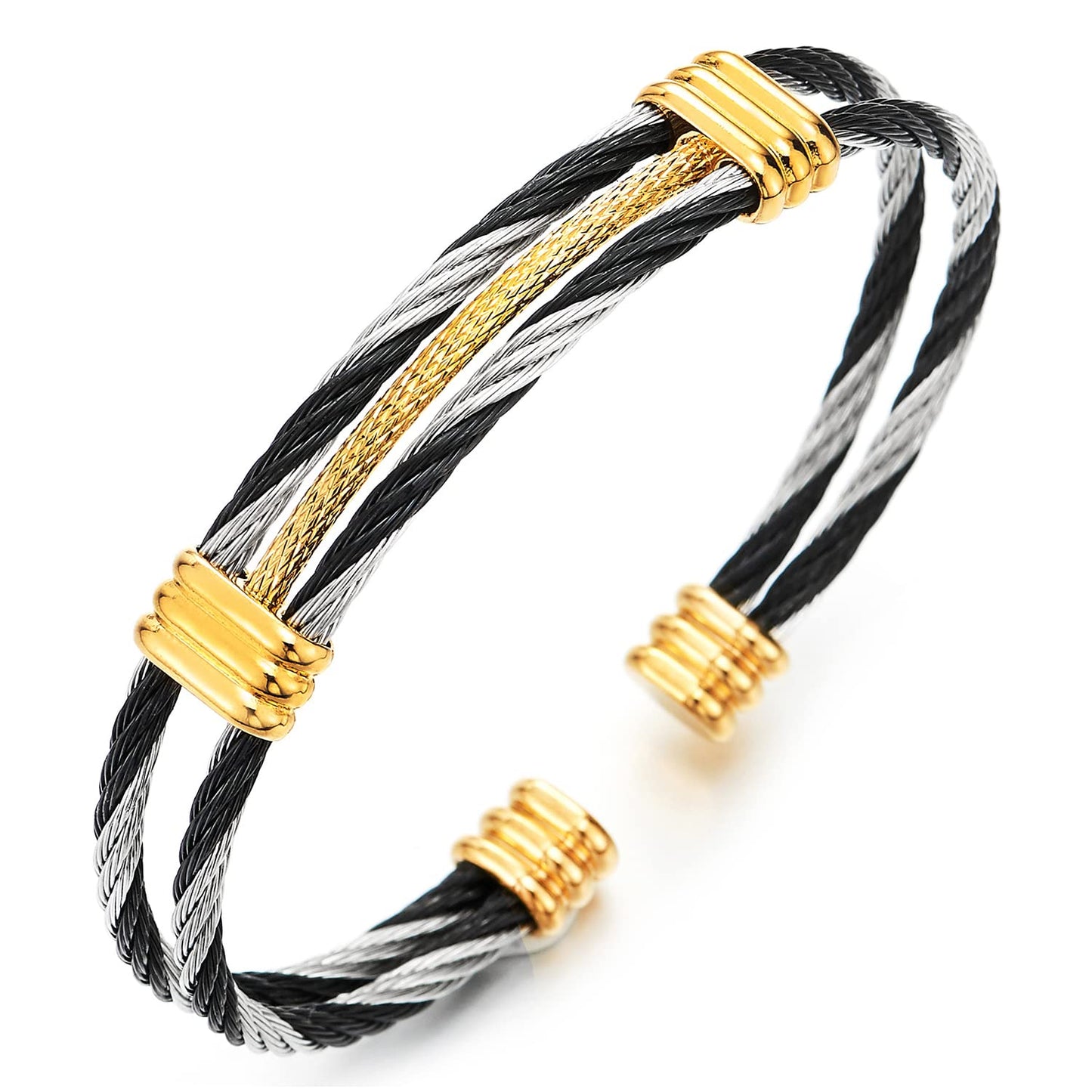 COOLSTEELANDBEYOND Men Women Stainless Steel Twisted Cable Adjustable Cuff Bangle Bracelet Silver Gold Black