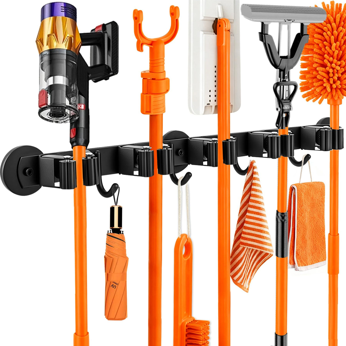 Magnetic Broom Holder Wall Mount with 4 Hooks and 5 Rack