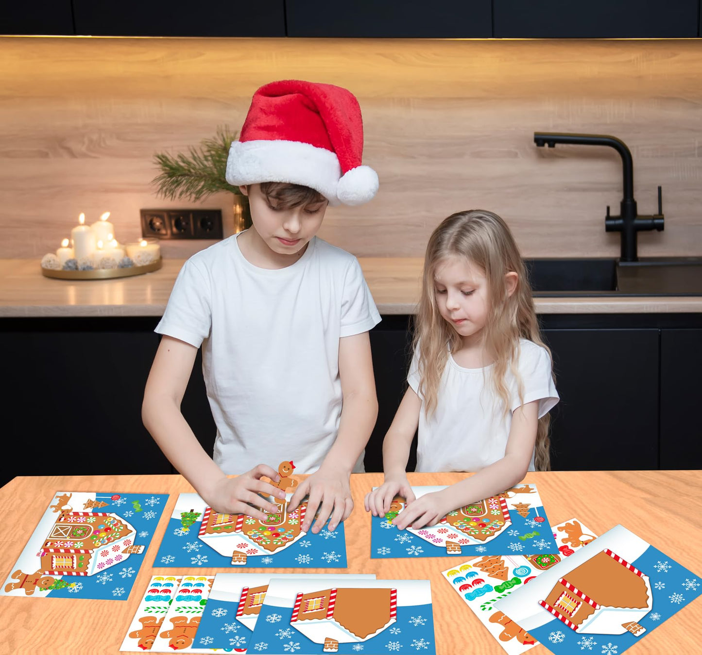 38PCS Make-a-Gingerbread House Stickers for Kids - Christmas Party Game/Craft/Activity/Favor/Supplies - 19 Finished Products