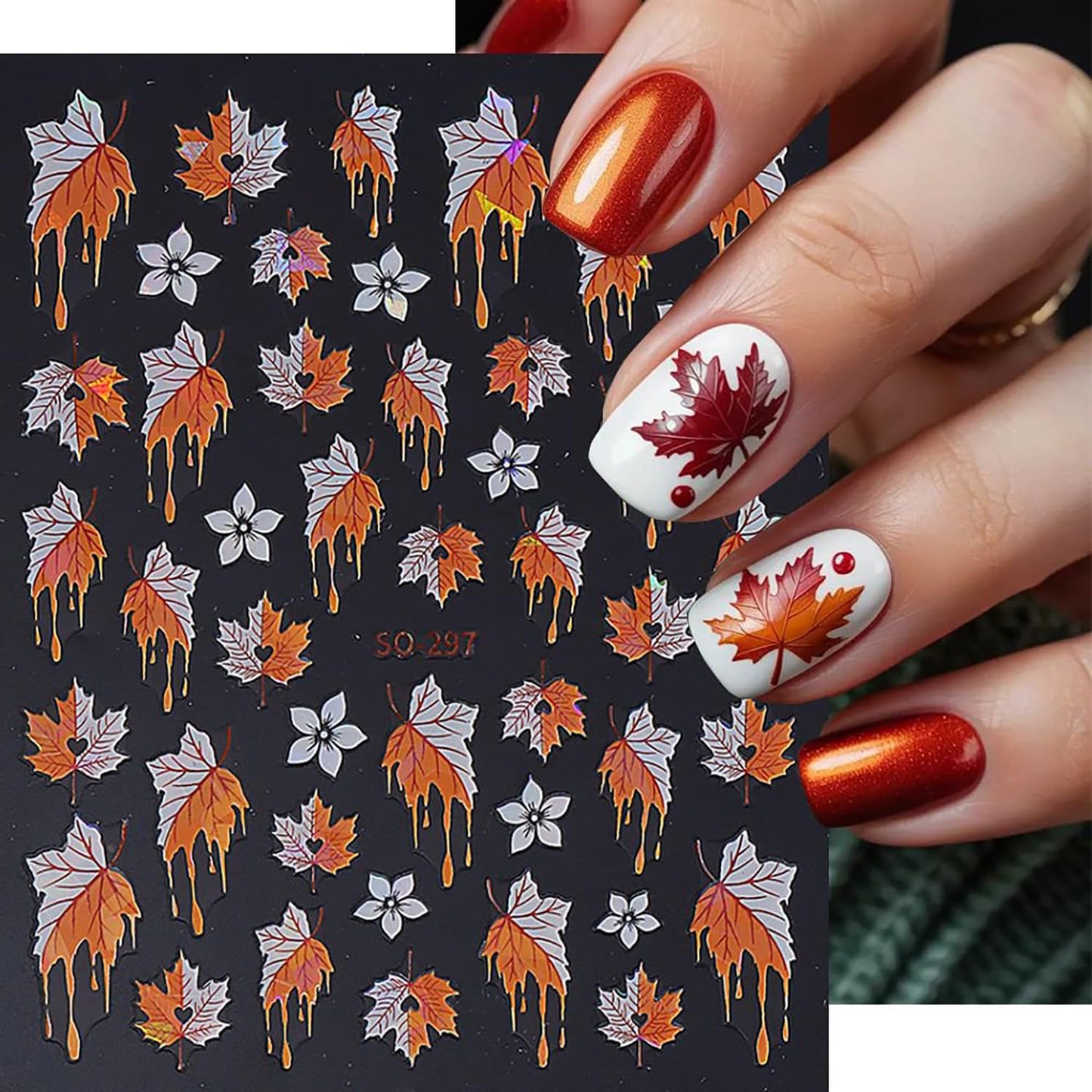 6 Sheets Thanksgiving Nail Art Stickers Fall Maple Leaf Nails Stickers 3D Self -Adhesive Flower Laser Maple Leaf Nail Decals Holographic Thanksgiving Decoration for Women Featival DIY Manicure