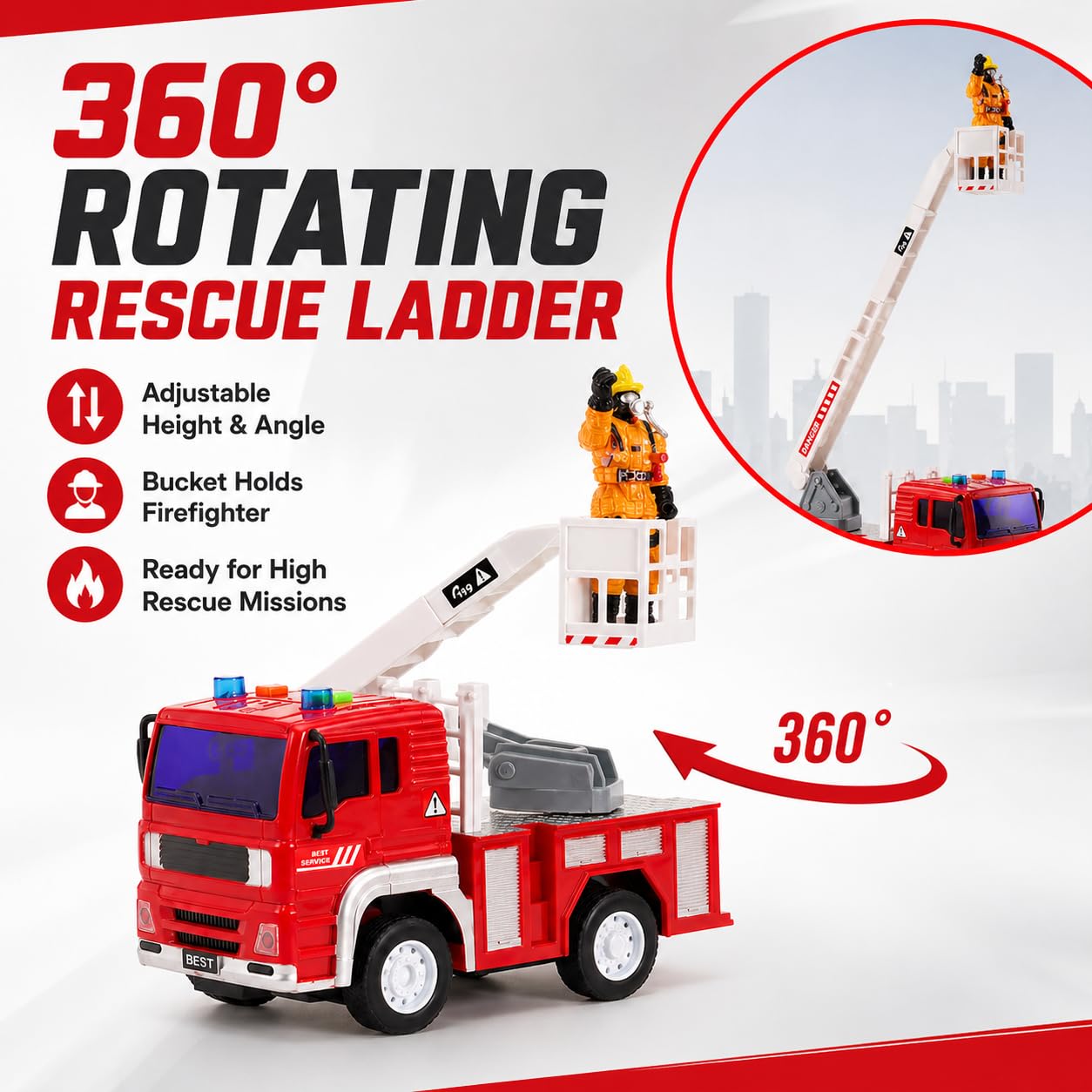 Friction Powered Fire Rescue Toy Set – 1:20 Scale Fire Truck, Helicopter & 2 Firefighter Action Figures with Lights & Sounds – Educational Emergency Vehicle Playset for Kids Ages 3+
