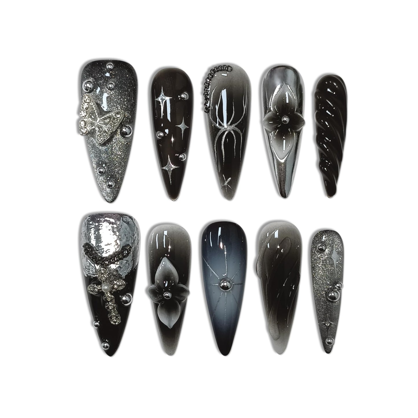 TENPAL Handmade Press on Nails Long Stiletto - Gothic Cat Eye Blushing Ombre Fake Nails with 3D Chain Design | Ultra Thin Flexible False Nails with Tools| Dark Stiletto Y2K Nails For Women Girls(L)