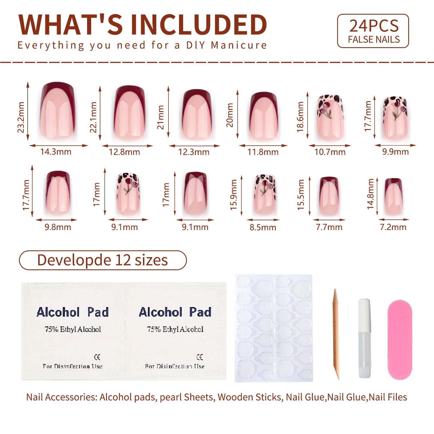 French Press On Nails Short Square, Pink Fake Nails with Leopard French Tips and Cherry Garnish Designs, Glossy Gel Finish Acrylic Press On Nails, Thick Natural Glue On Nails Kit, Leopard Cherry